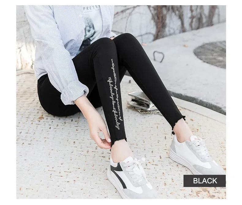 Spring Embroidered Letters Washed Jeans Leggings Skinny Slim Woven Pencil Pants Jeans Jeggings