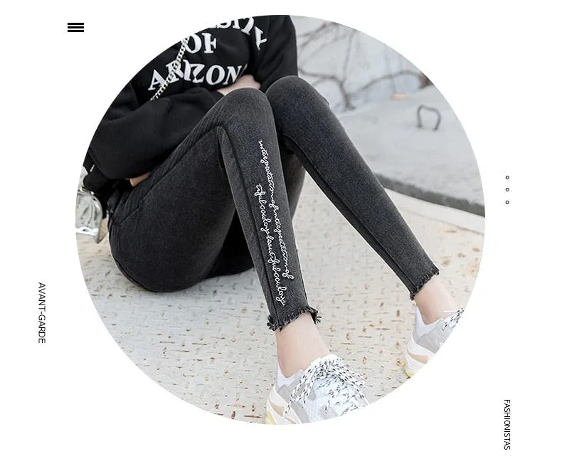 Spring Embroidered Letters Washed Jeans Leggings Skinny Slim Woven Pencil Pants Jeans Jeggings