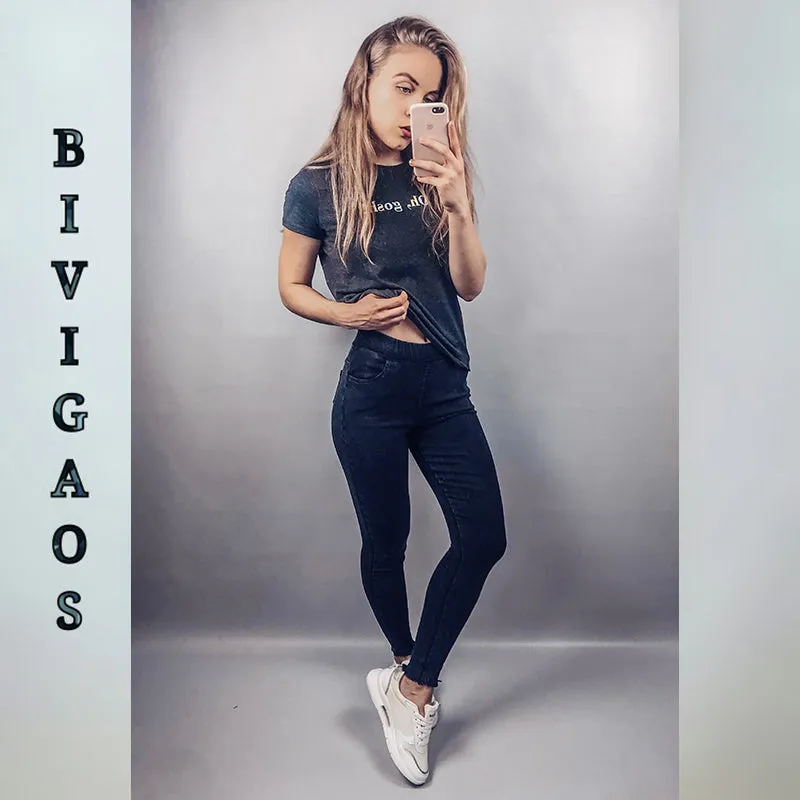 Spring Embroidered Letters Washed Jeans Leggings Skinny Slim Woven Pencil Pants Jeans Jeggings