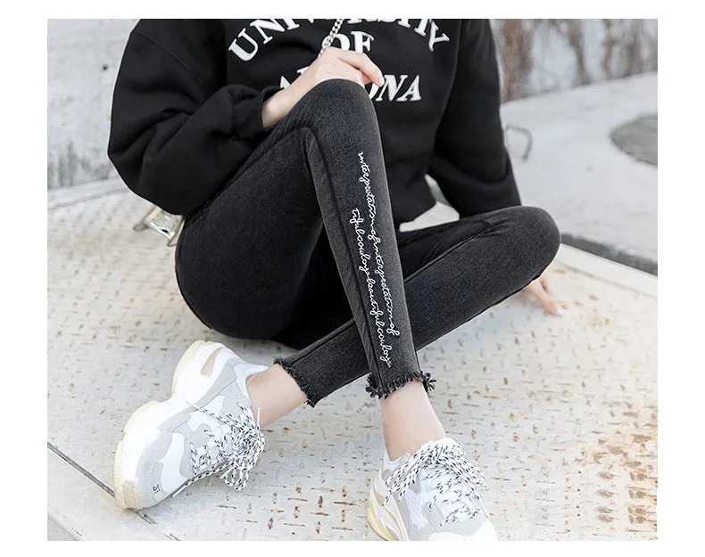 Spring Embroidered Letters Washed Jeans Leggings Skinny Slim Woven Pencil Pants Jeans Jeggings