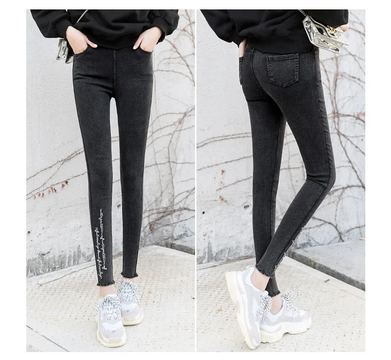 Spring Embroidered Letters Washed Jeans Leggings Skinny Slim Woven Pencil Pants Jeans Jeggings