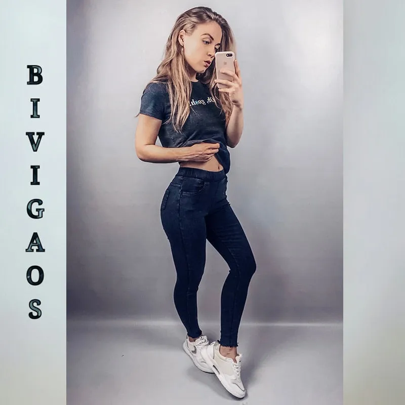 Spring Embroidered Letters Washed Jeans Leggings Skinny Slim Woven Pencil Pants Jeans Jeggings