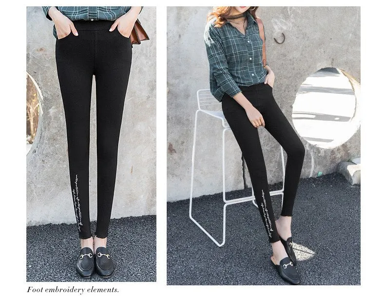 Spring Embroidered Letters Washed Jeans Leggings Skinny Slim Woven Pencil Pants Jeans Jeggings