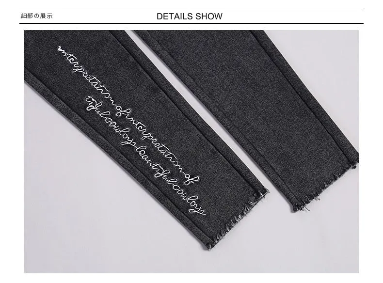 Spring Embroidered Letters Washed Jeans Leggings Skinny Slim Woven Pencil Pants Jeans Jeggings