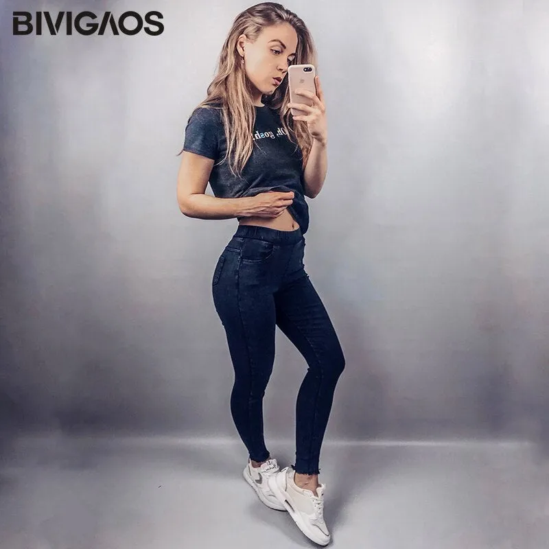 Spring Embroidered Letters Washed Jeans Leggings Skinny Slim Woven Pencil Pants Jeans Jeggings