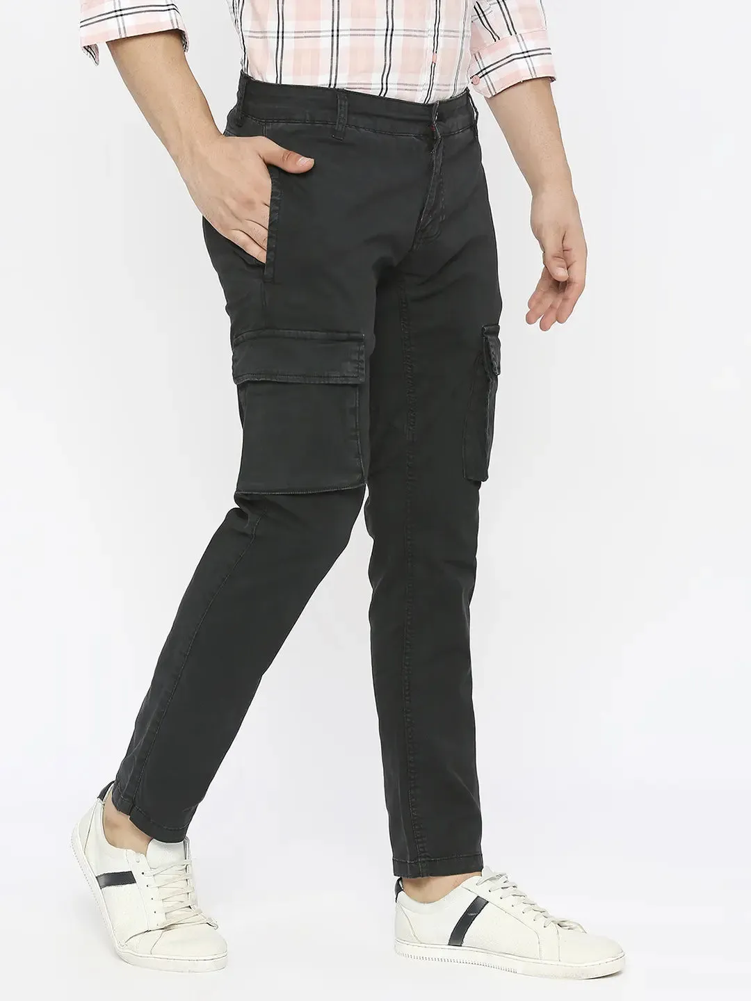 Spykar Men Black Lycra Slim Fit Ankle Length Plain Trousers