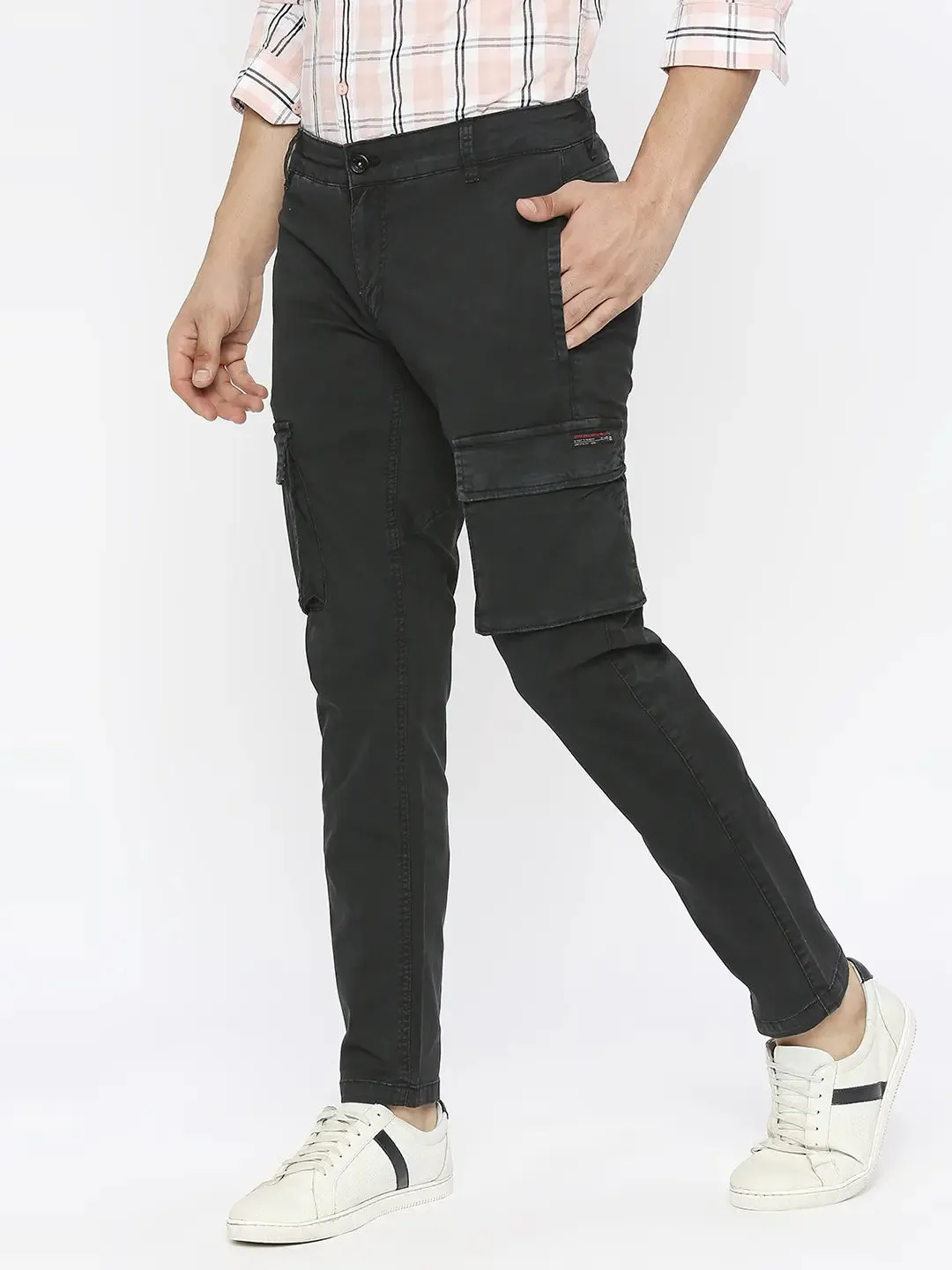 Spykar Men Black Lycra Slim Fit Ankle Length Plain Trousers