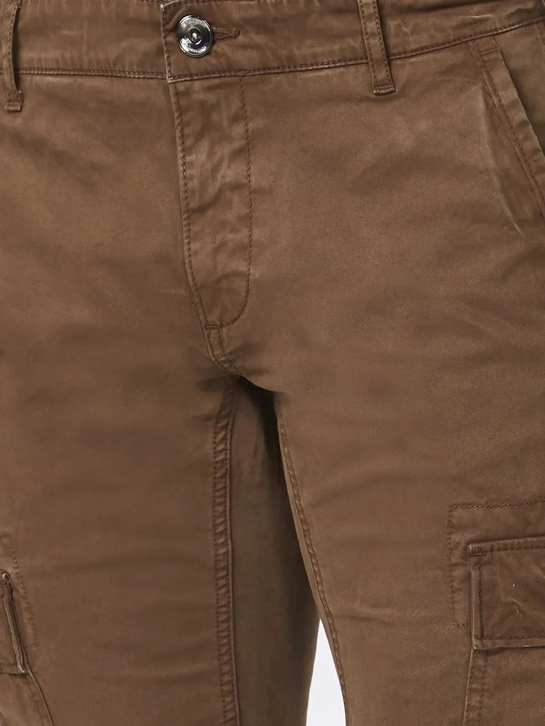 Spykar Men Mud Brown Cotton Tapered Fit Ankle Length Mid Rise Cargo Pant