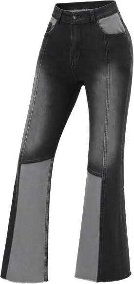 THUNDER STAR Women Patchwork Flare Jeans Stretch High Waisted Bell Bottom Raw Hem Denim Pants