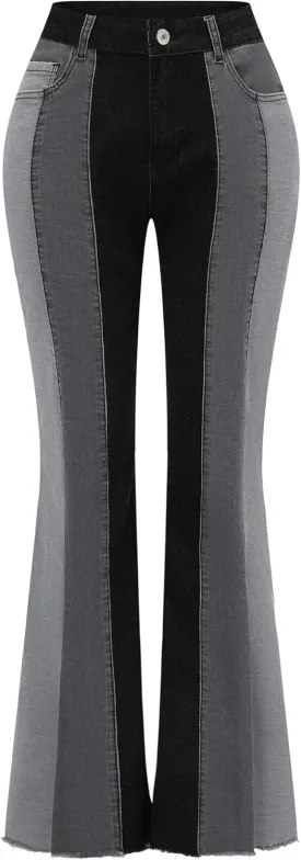 THUNDER STAR Women Patchwork Flare Jeans Stretch High Waisted Bell Bottom Raw Hem Denim Pants