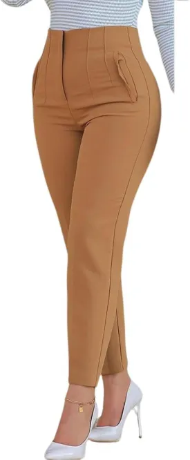 utcoco Womens Stretchy High Waisted Skinny Pants Business Casual Pleated Pencil Trousers with Pockets