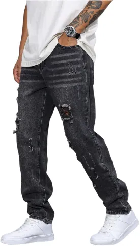 Verdusa Men's Vintage Distressed Ripped Jeans Straight Leg Denim Pants with Pockets