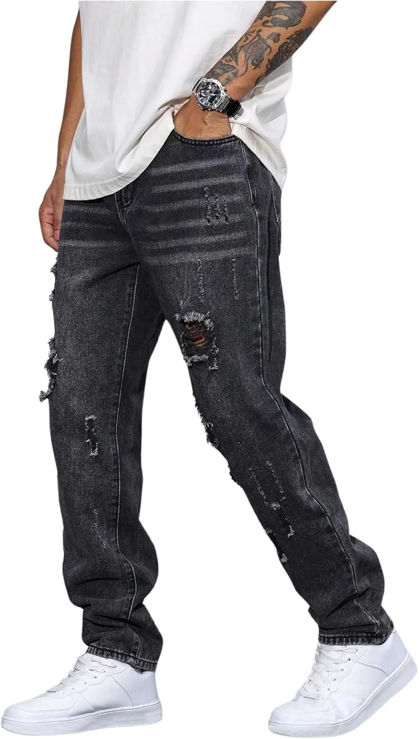 Verdusa Men's Vintage Distressed Ripped Jeans Straight Leg Denim Pants with Pockets