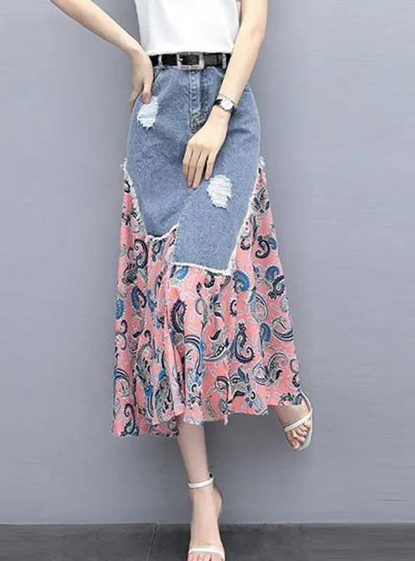 Vintage Printed Split-joint Jean Bell-Bottom