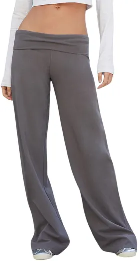 Women Fold Over Yoga Pants Y2K Striped Flared Leggings Low Rise Wide Leg Lounge Pants Stretchy Sweatpants