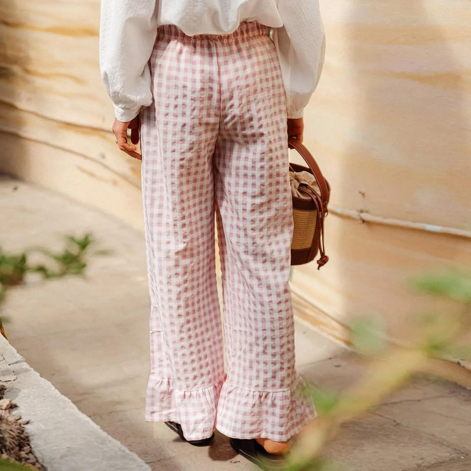 Women Gingham Pants Ruffle Hem Wide Leg Flowy Pants Checkered Trousers Plaid Pj Pants Y2k Going Out Bottoms
