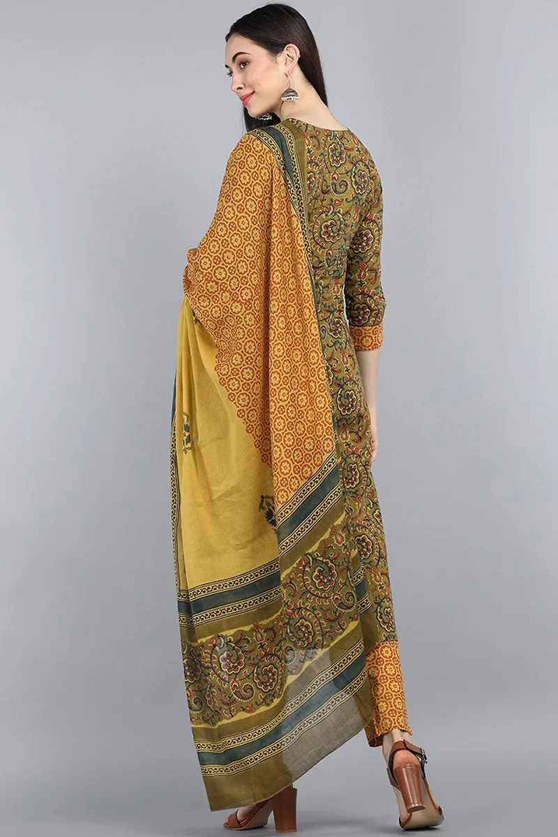 Women Green Yellow Floral Printed Pure Cotton Kurta with Trousers Dupatta Set
