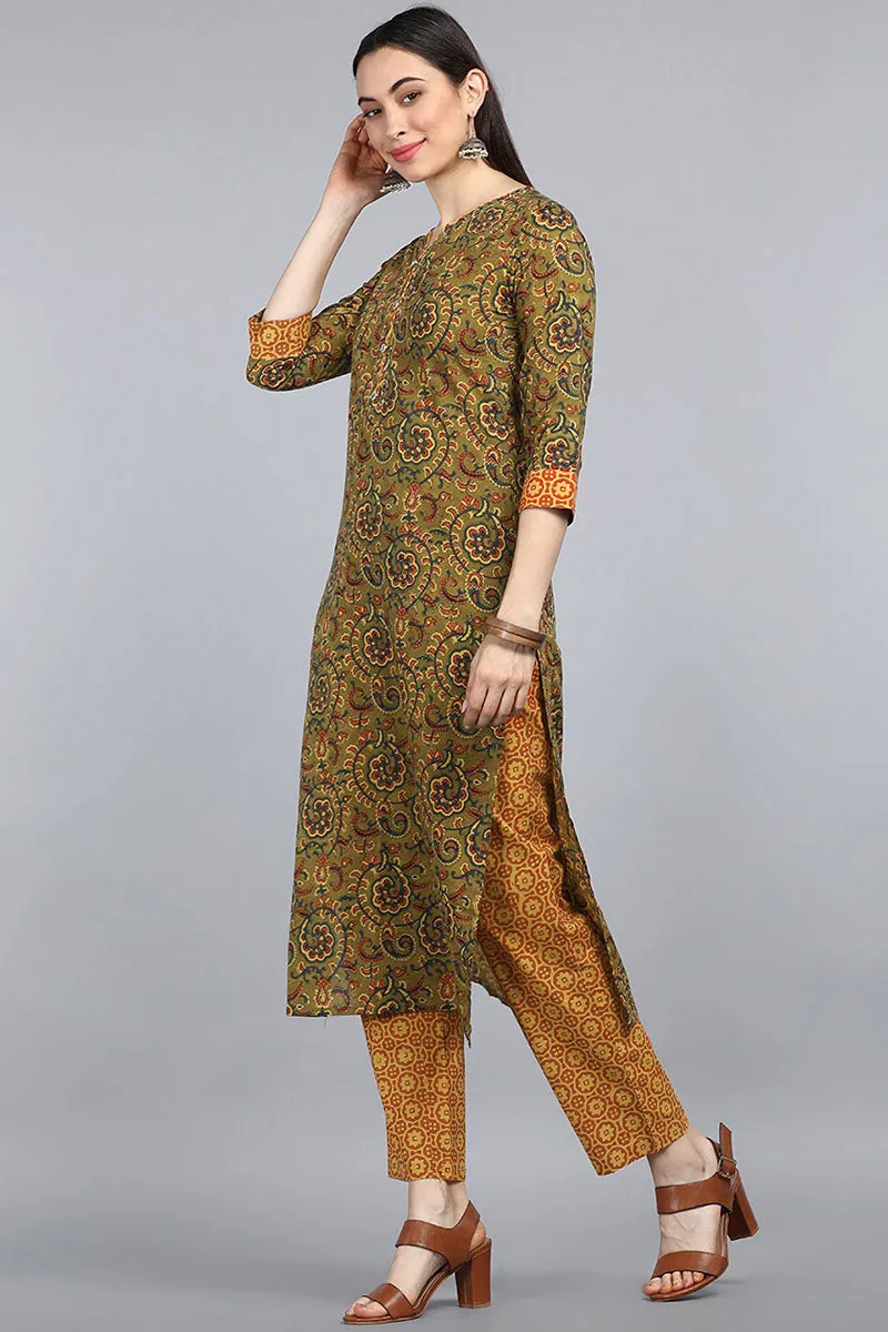 Women Green Yellow Floral Printed Pure Cotton Kurta with Trousers Dupatta Set