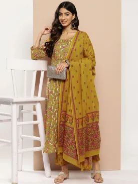 Women Mustard Yellow Floral Yoke Design Regular Sequinned Pure Cotton Kurta With Trousers & Dupatta