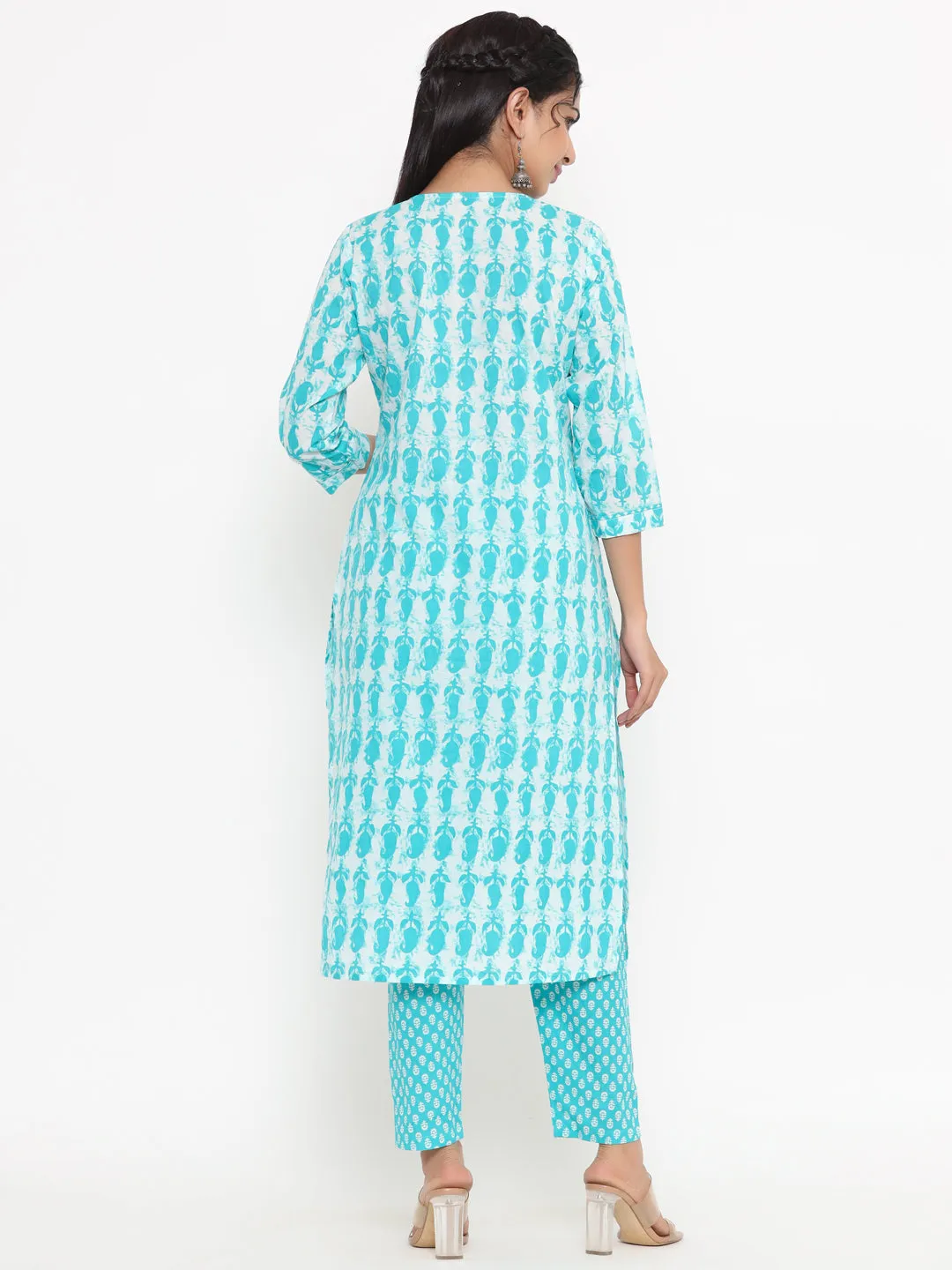 Women Sea Green Paisley Print Kurta With Trousers