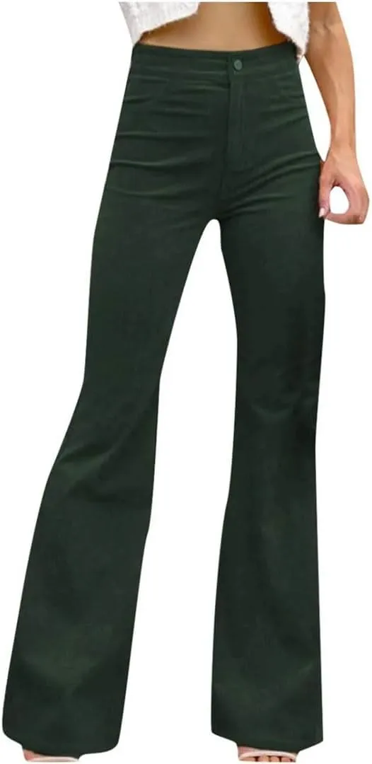 Women Solid Button Fly Slim Fitting High Waist Casual Straight Leg Flare Trousers Pants
