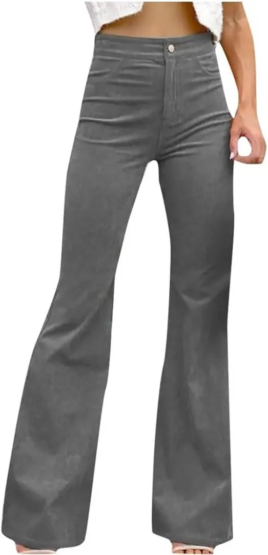 Women Solid Button Fly Slim Fitting High Waist Casual Straight Leg Flare Trousers Pants