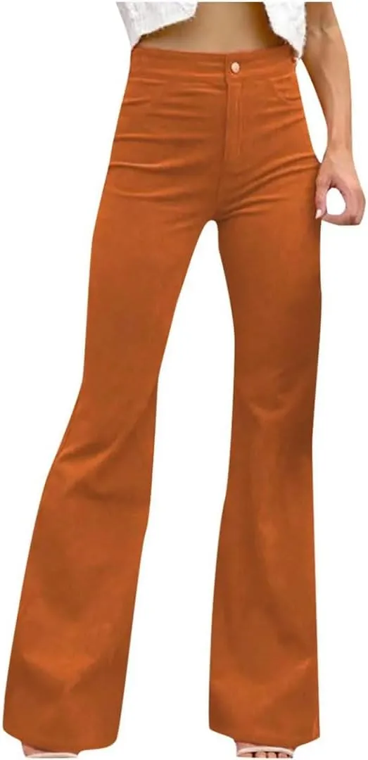 Women Solid Button Fly Slim Fitting High Waist Casual Straight Leg Flare Trousers Pants