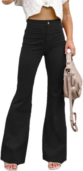 Women Solid Button Fly Slim Fitting High Waist Casual Straight Leg Flare Trousers Pants