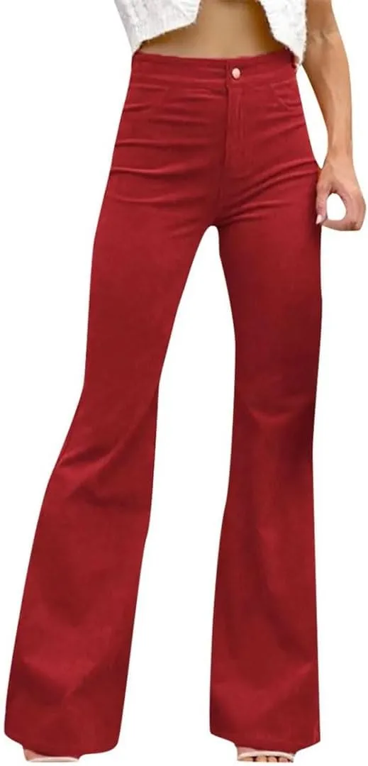 Women Solid Button Fly Slim Fitting High Waist Casual Straight Leg Flare Trousers Pants
