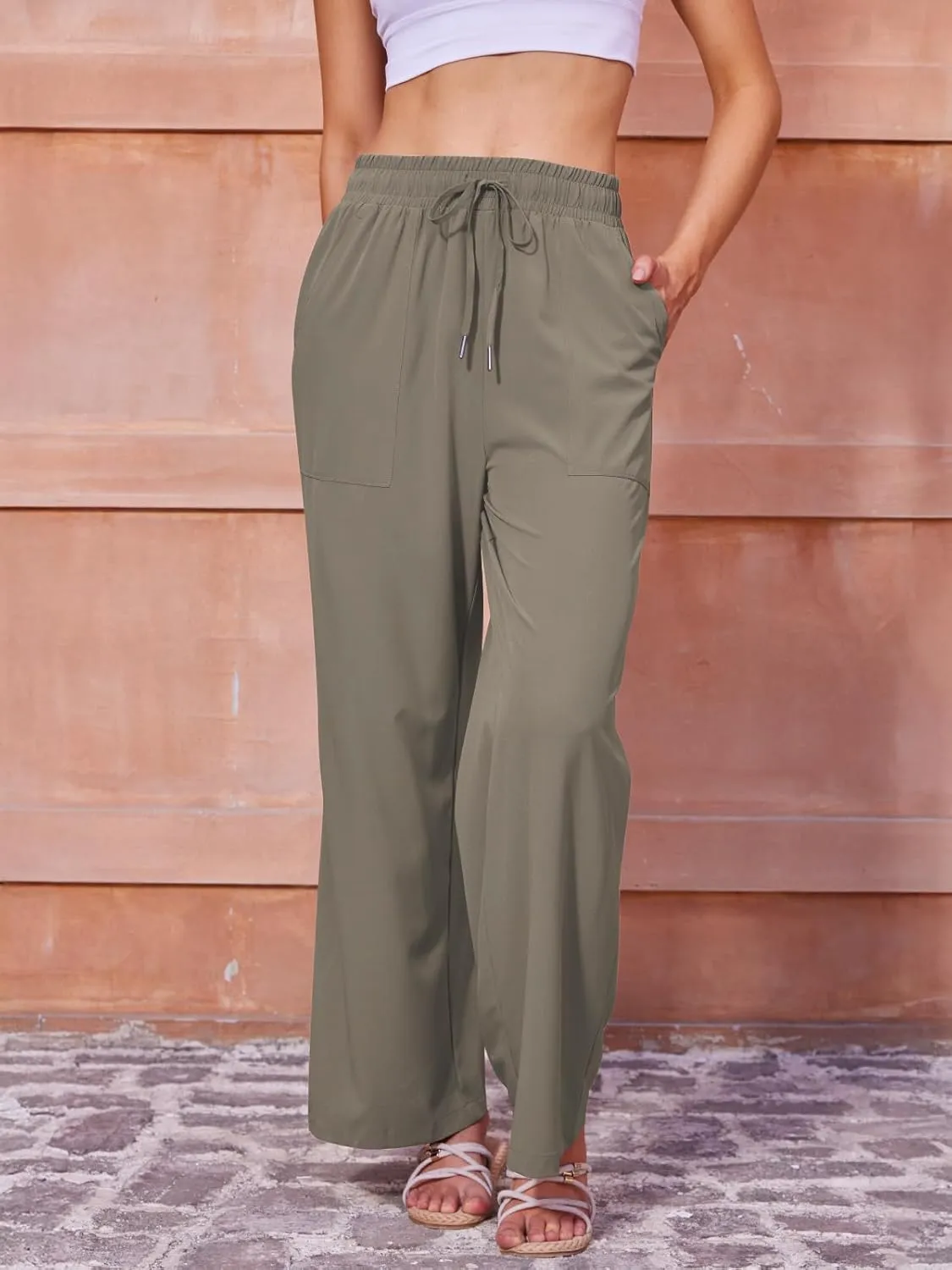 Women's Casual Pants with Drawstring Lightweight Wide Leg Pants High Waisted Slacks