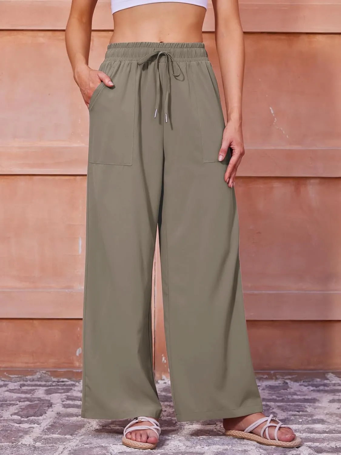 Women's Casual Pants with Drawstring Lightweight Wide Leg Pants High Waisted Slacks