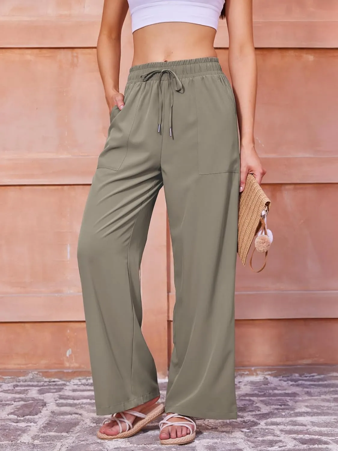Women's Casual Pants with Drawstring Lightweight Wide Leg Pants High Waisted Slacks
