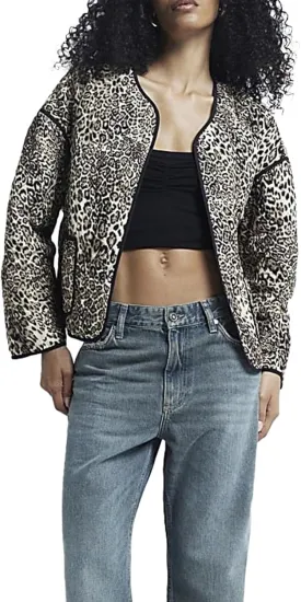 Womens Cropped Quilted Puffer Jacket Lightweight Open Front Leopard Print Padded Cardigan Coat Outwear