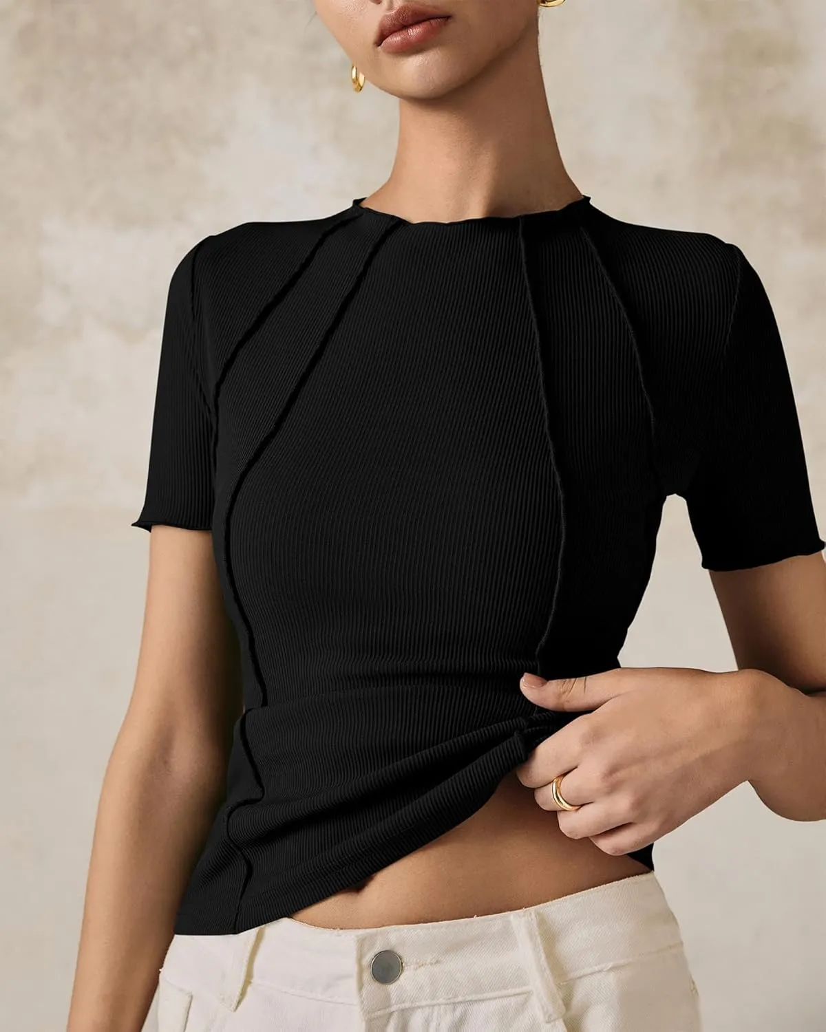 Womens Short Sleeve Tops Ribbed Crewneck Slim Fit T Shirts for Women 2025 Summer Business Casual Basic Tee Top