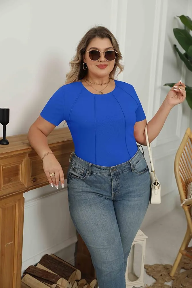 Womens Short Sleeve Tops Ribbed Crewneck Slim Fit T Shirts for Women 2025 Summer Business Casual Basic Tee Top