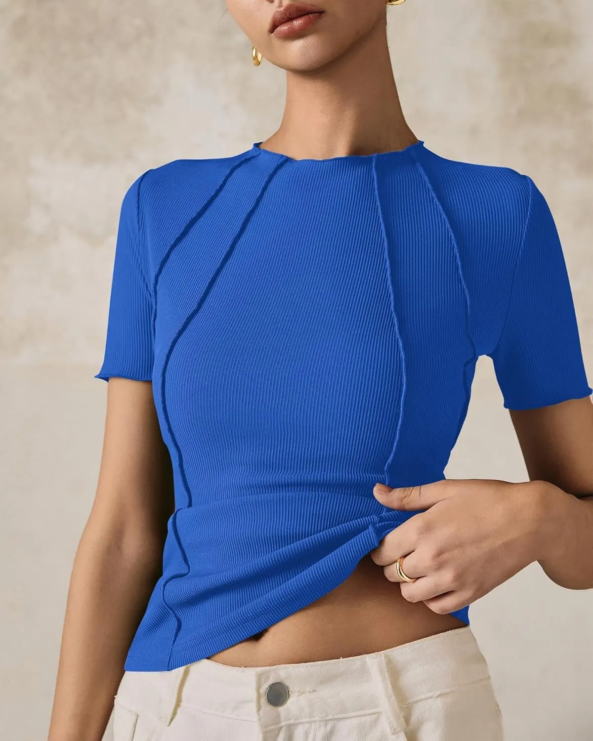 Womens Short Sleeve Tops Ribbed Crewneck Slim Fit T Shirts for Women 2025 Summer Business Casual Basic Tee Top