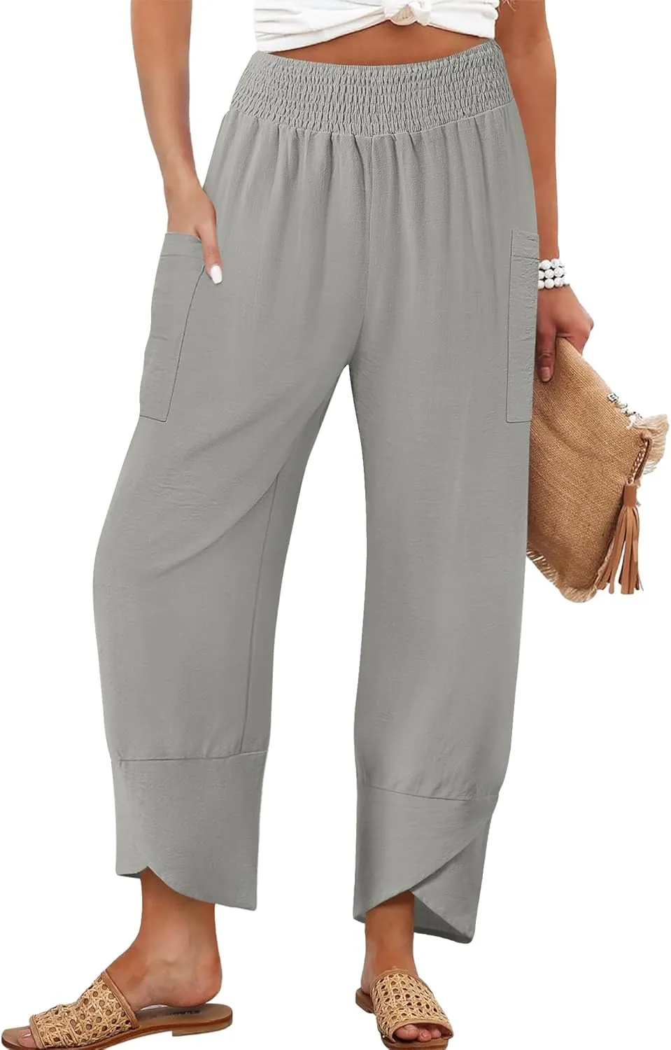 Women's Summer High Waisted Baggy Pants Wide Leg Linen Pants Casual Ankle Length Trouser Slacks with Pockets