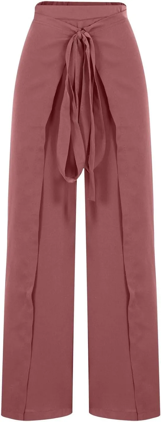 Womens Wide Leg Pants Yoga Flowy Split Palazzo Pants Tie Front Wrap Trousers Beach Cover Up Casual Lounge Boho Pants