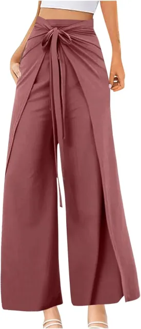 Womens Wide Leg Pants Yoga Flowy Split Palazzo Pants Tie Front Wrap Trousers Beach Cover Up Casual Lounge Boho Pants