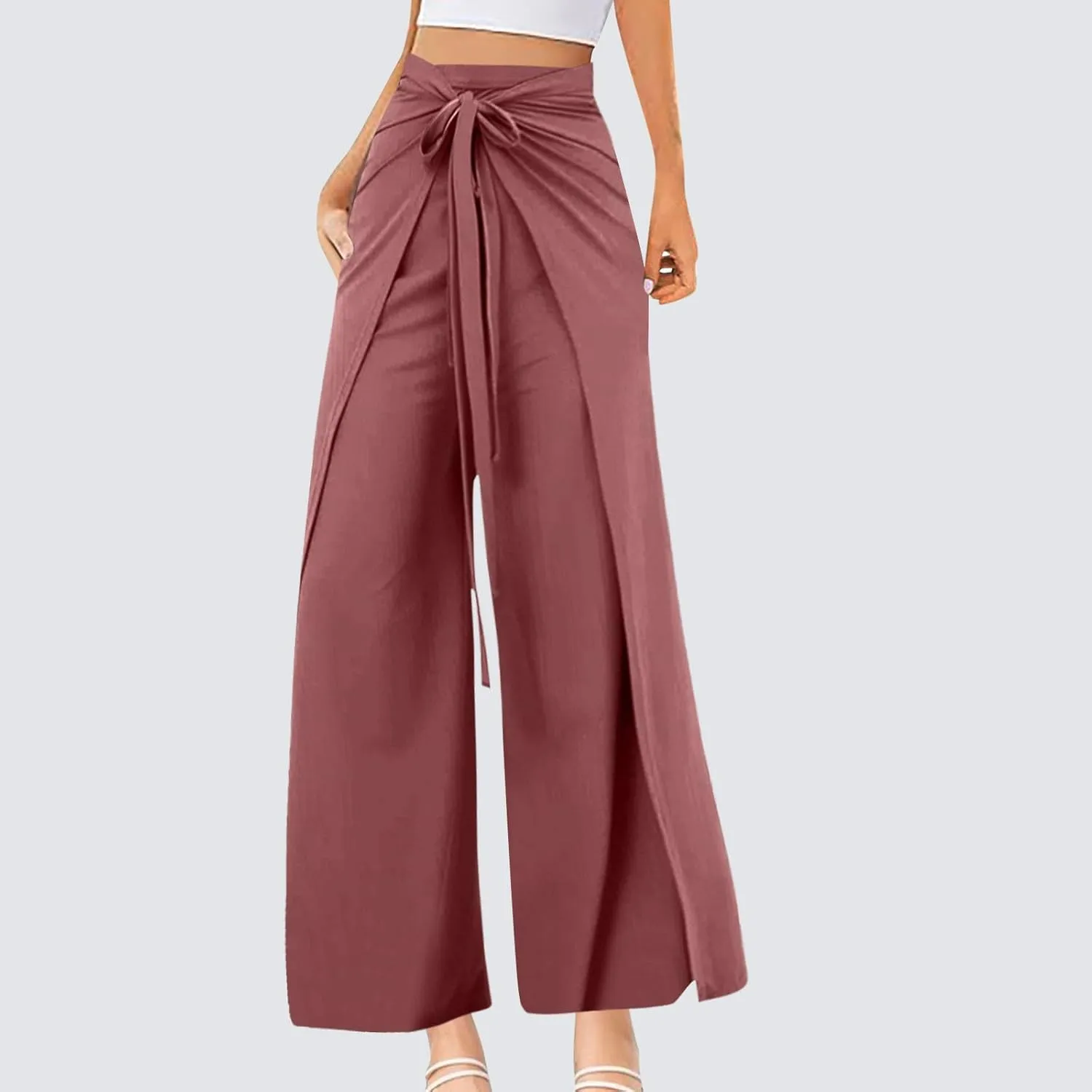 Womens Wide Leg Pants Yoga Flowy Split Palazzo Pants Tie Front Wrap Trousers Beach Cover Up Casual Lounge Boho Pants