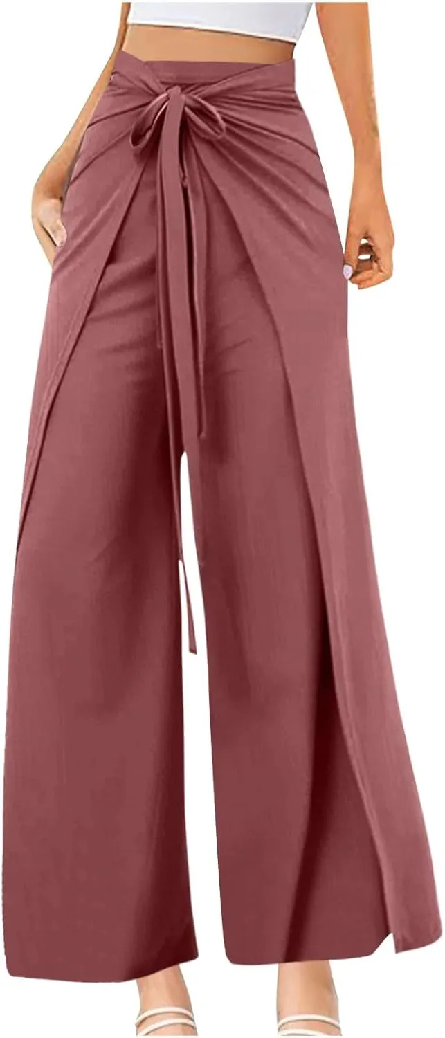 Womens Wide Leg Pants Yoga Flowy Split Palazzo Pants Tie Front Wrap Trousers Beach Cover Up Casual Lounge Boho Pants